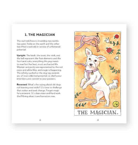 Sample card from the Dog Tarot deck features The Magician with illustration of a white terrier standing on its hind legs