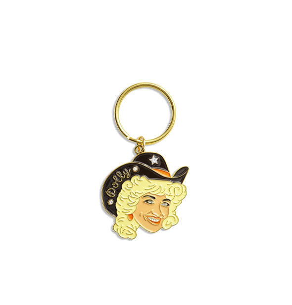 Enamel Dolly Parton keychain with black cowboy hat inscribed with "Dolly" in gold hangs from a gold ring