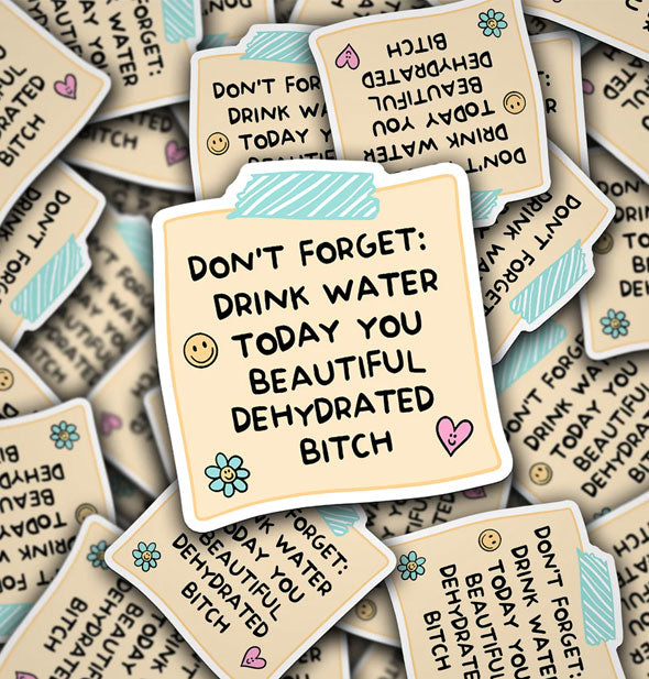 Pile of stickers illustrated to resemble taped notes with smiley fave, flower, and heart graphics say, "Don't forget: Drink water today you beautiful dehydrated bitch" in black lettering
