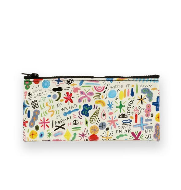 Rectangular white pouch with black zipper features all-over colorful doodles and phrases like, "Draw badly," "Be weird or normal," and "Don't think"
