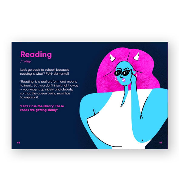 Illustrated page spread from The Drag Dictionary features a definition for Reading