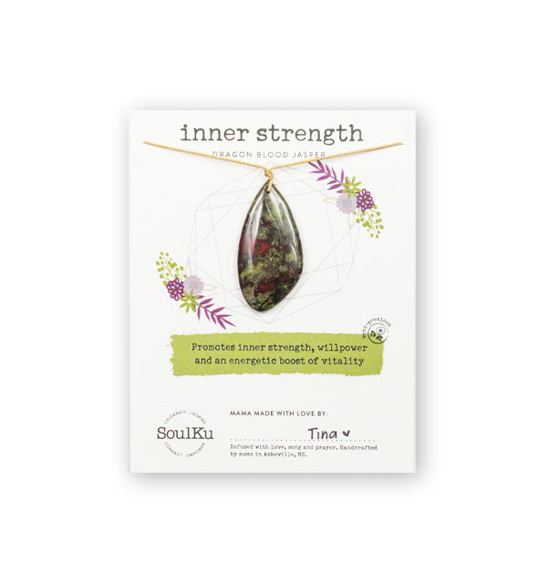 Inner Strength Dragon Blood Jasper stone necklace on SoulKu product card that says, "Promotes inner strength, willpower and an energetic boost of vitality"