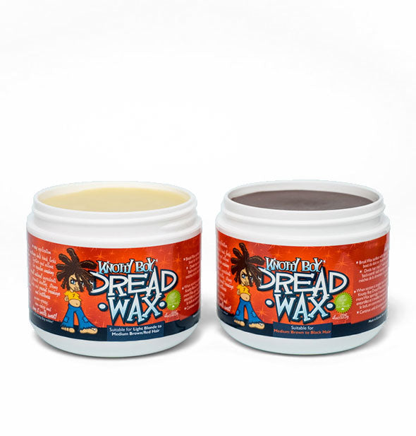 Two opened tubs of Knotty Boy Dread Wax in Light and Dark color options