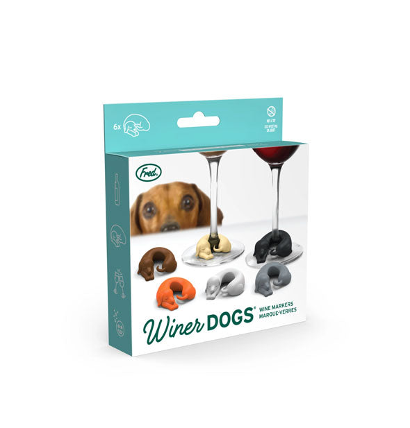 Pack of Winer Dogs Wine Markers by Fred with image of products in use on the front as a dachshund looks on in the background