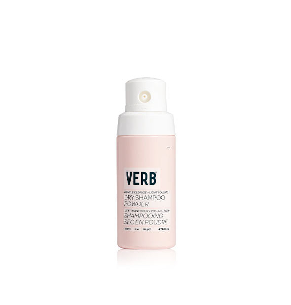 Light pink 2 ounce bottle of Verb Dry Shampoo Powder with white nozzle and black lettering