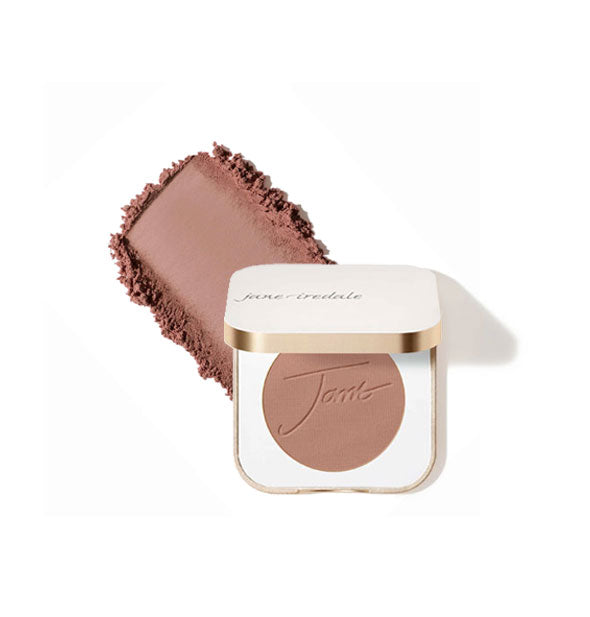 Opened square white and gold Jane Iredale compact reveals blush shade Dubonnet inside