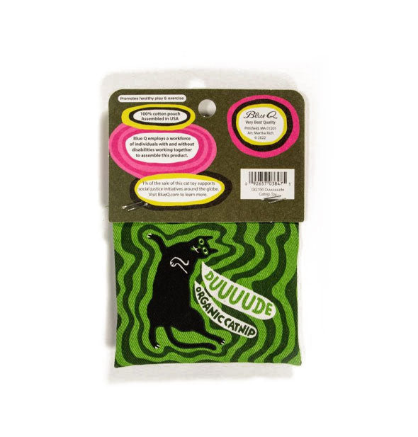 Reverse side of catnip pouch on product card features a repeated illustration of the same black cat saying, "Duuuuude," and, "Organic catnip"