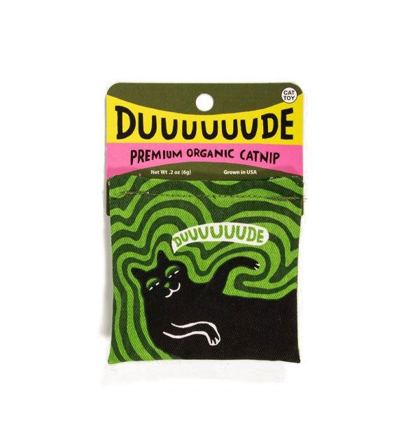 Square premium organic catnip pouch on product card features illustration of a black cat who appears to be stoned saying, "Duuuuuude" on a trippy green striped background