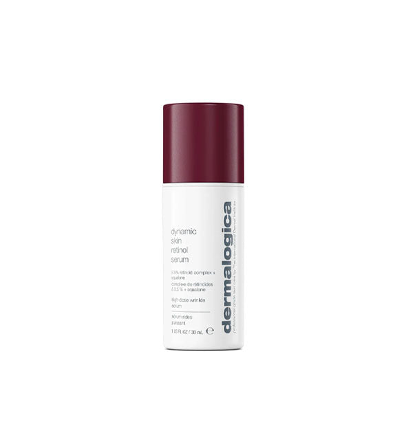 Cylindrical white bottle of Dermalogica Dynamic Skin Retinol Serum with dark red lid and gray lettering