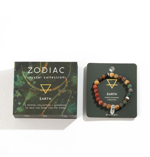 Zodiac Crystal Collection Earth bead bracelet with red, orange, brown, and green color scheme on backer card next to box