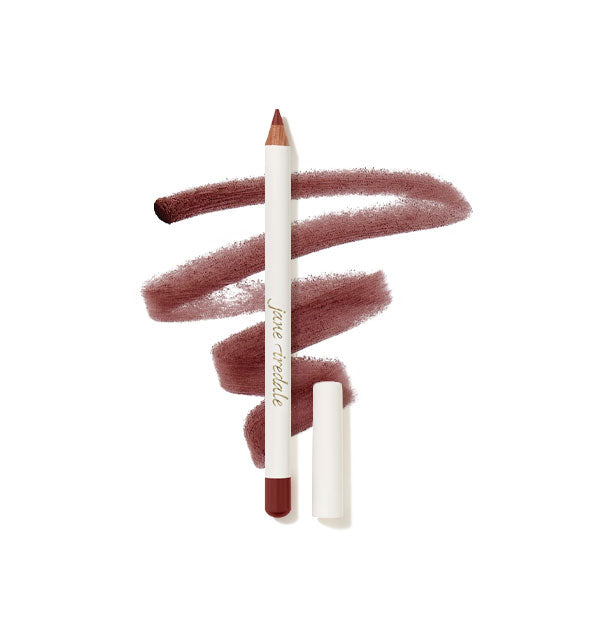 Jane Iredale Lip Pencil with cap removed and product sample drawing behind in the shade Earth Red