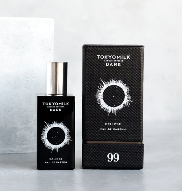 Black bottle and box of TokyoMilk Eclipse Eau de Parfum with white lettering and solar eclipse graphic