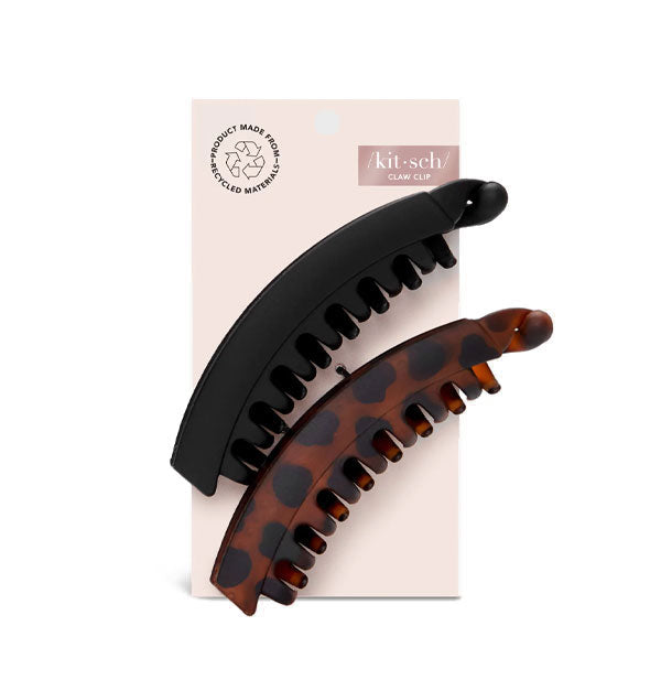 Black and brown tortoise matte curved claw clips attached to a light pink Kitsch product card