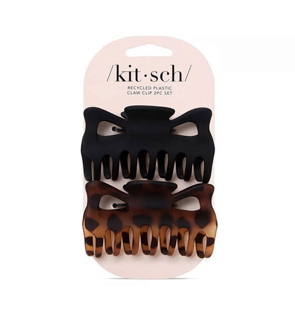 Matte black and matte brown tortoise recycled plastic hair claw clips on a light pink Kitsch product card