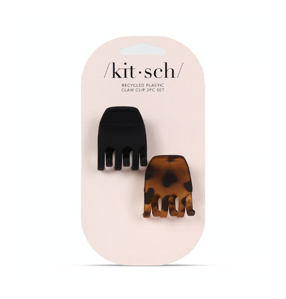 One matte black and one matte brown tortoise narrow claw clip attached to a light pink Kitsch product card