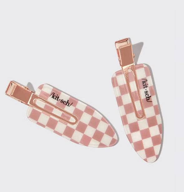 Two large pastel pink checker print Kitsch hair clips with rose gold hardware