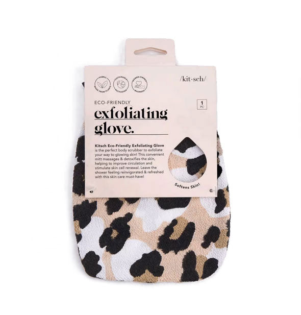 Leopard print Exfoliating Glove by Kitsch attached to pink blister card