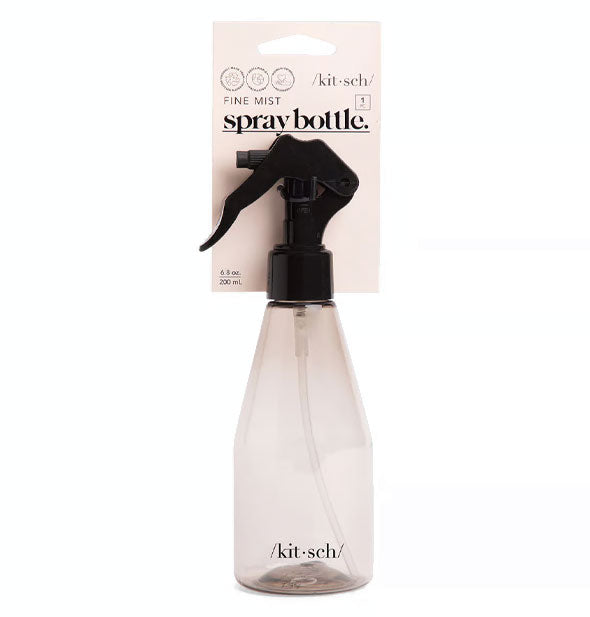 Clear spray bottle by Kitsch with black nozzle with pink blister card attached