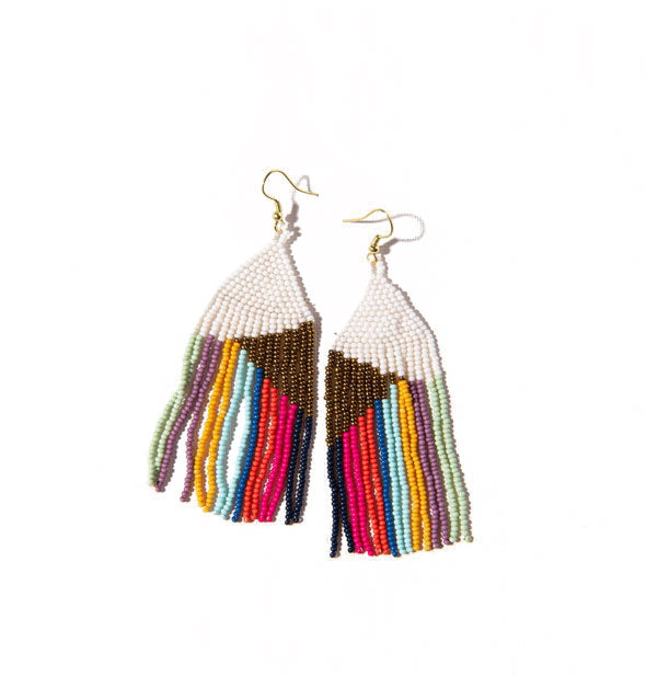 Pair of colorful glass bead fringe earrings with white and gold angular top sections and gold fish hooks