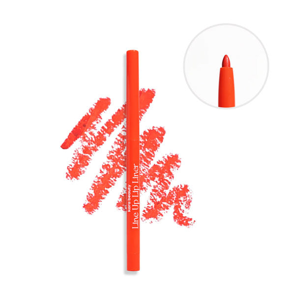 Kara Beauty Line Up Lip Liner pencil in bright orange-red shade Elle with drawn product sample behind and tip closeup inset bubble at top right