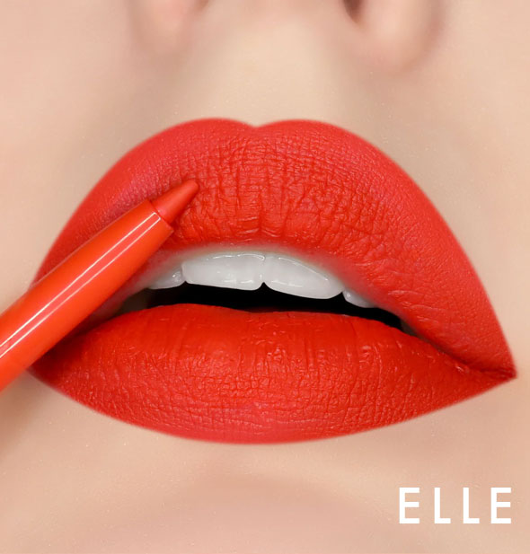 Model's lips wear shade Elle of Kara Beauty Line Up Lip Liner; pencil tip is held up to upper lip
