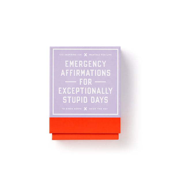 Purple and red box of Emergency Affirmations for Exceptionally Stupid Days with white lettering