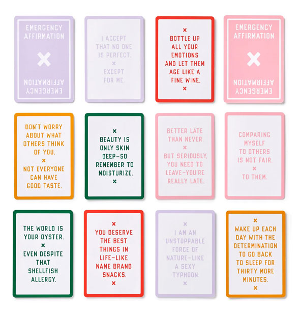 Spread of twelve Emergency Affirmations for Exceptionally Stupid Days cards