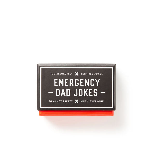Gray and red box of Emergency Dad Jokes cards with white lettering