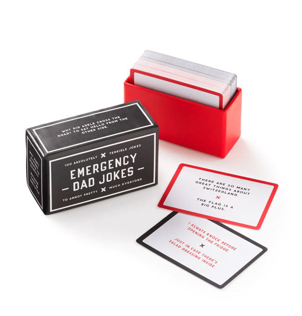 Emergency Dad Jokes card box shown open with two sample cards pulled