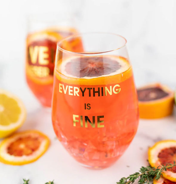 Everything Is Fine stemless wine glass filled with an orange beverage and garnished wish citrus slice