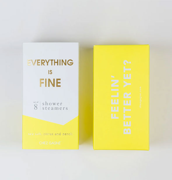 White and yellow boxes of Everything Is Fine shower steamers—one with metallic gold foil lettering and the other with, "Fell better yet?" printed on it