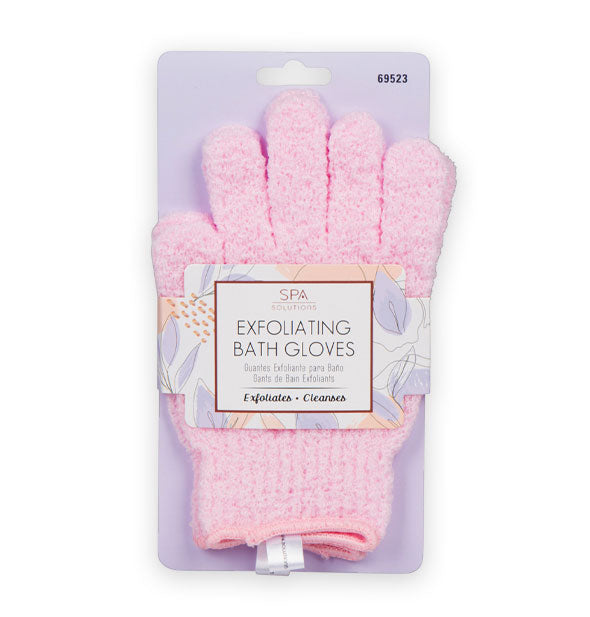 Pair of pink Exfoliating Bath Gloves on purple and floral product card