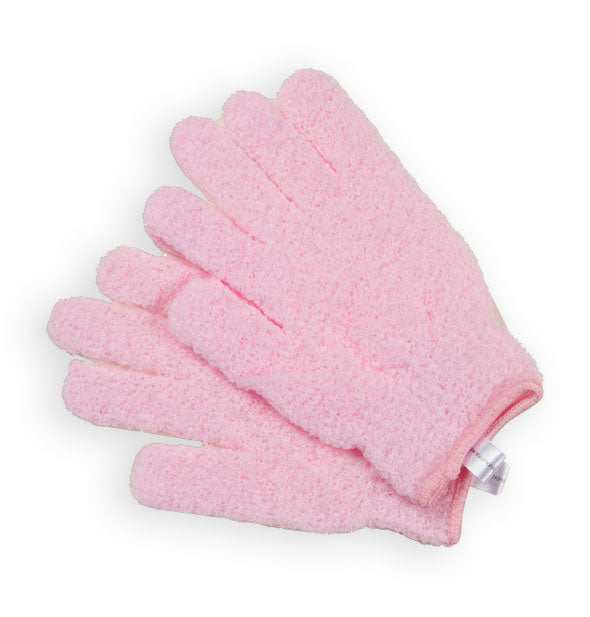 Pair of pink exfoliating bath gloves