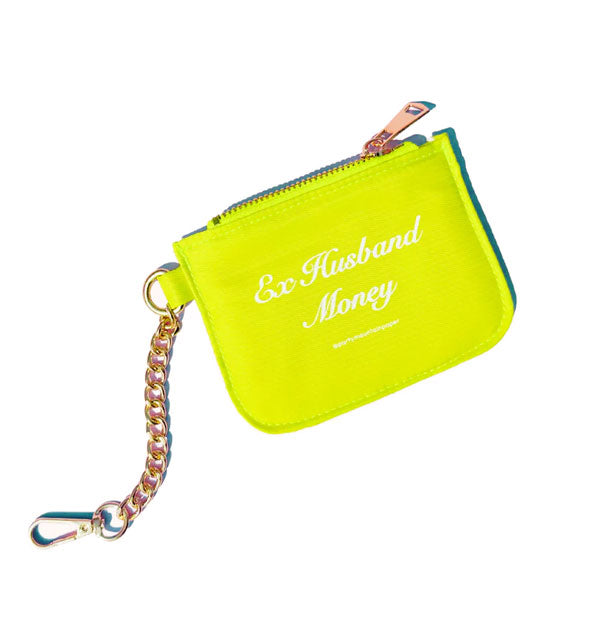 Bright lime green coi npurse with gold hardware and chain attached says, "Ex-Husband Money" in white script lettering