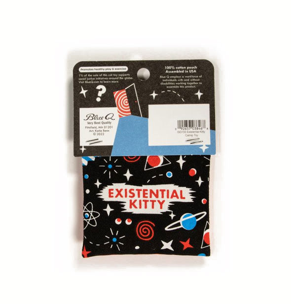 Square black "Existential Kitty" catnip pouch on product card features all-over celestial-themed illustrations in white, blue, and red