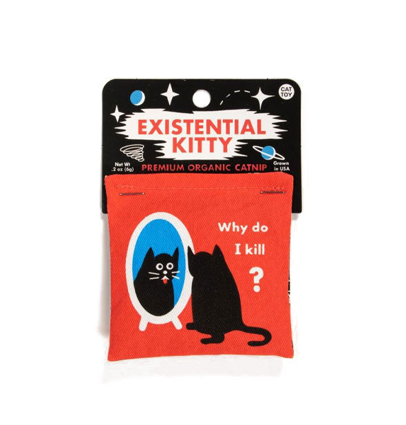 Square red-orange "Existential Kitty" catnip pouch on product card features illustration of a black cat staring at its reflection in a mirror alongside the words, "Why do I kill?" in white lettering