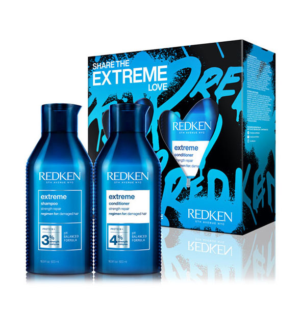 Redken Share the Extreme Love gift kit box with contents: 16.9 ounce Extreme Shampoo and Conditioner