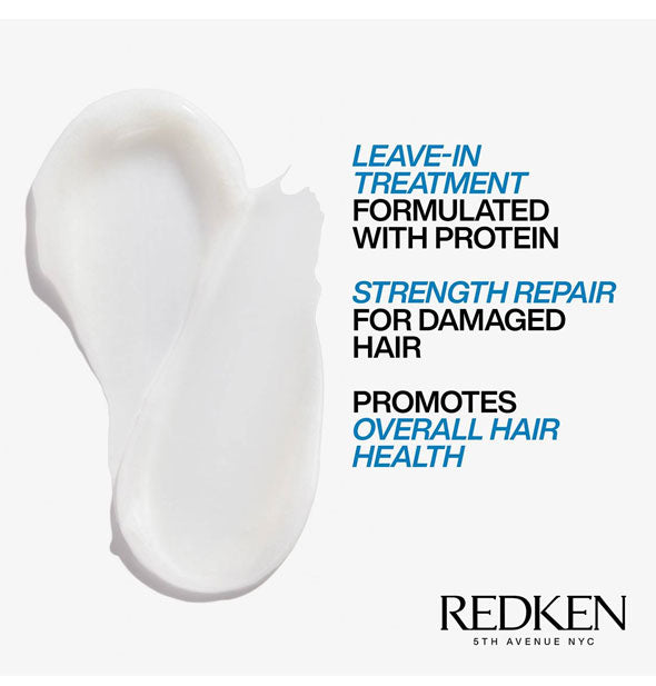 Sample application of Redken Extreme Mask is labeled with its key benefits: Leave-in treatment formulated with protein; Strength repair for damaged hair; Promotes overall hair health