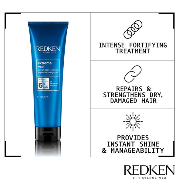 Bottle of Redken Extreme Mask is labeled with its key benefits represented by infographics: Intense fortifying treatment; Repairs & strengthens dry, damaged hair; Provides instant shine & manageability