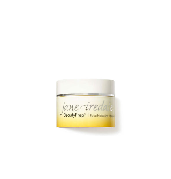 White and yellow pot of Jane Iredale BeautyPrep Face Moisturizer with silver lettering and lid detail