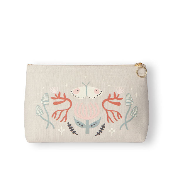 Rectangular beige zipper pouch features whimsical pastel illustrations of mushrooms, roots, a flower, and moth with star and branch accents