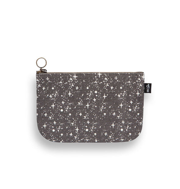 Dark gray linen pouch with ring zipper pull tab features an all-over pattern of small white stars in various shapes and sizes