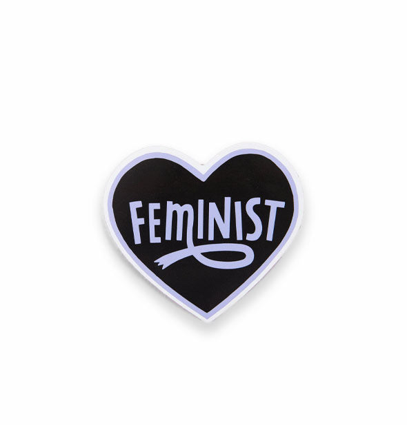 Black heart-shaped sticker with a purple and white edge says, "Feminist" in purple lettering