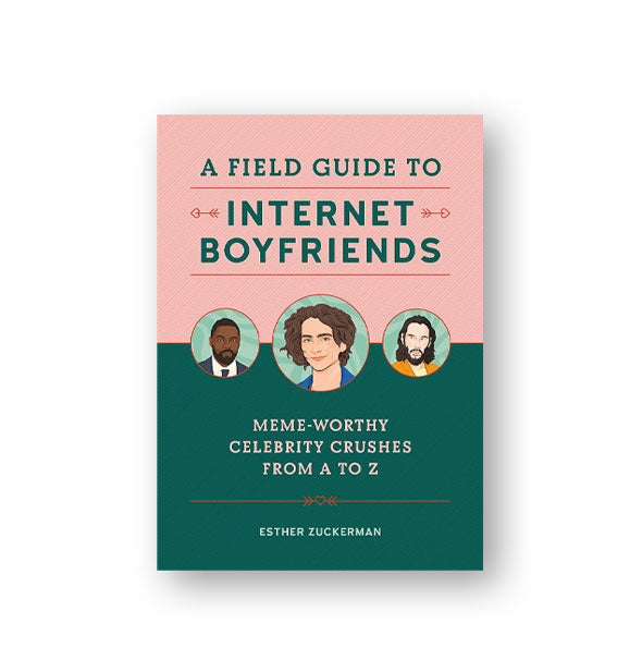 Pink and green cover of A Field Guide to Internet Boyfriends: Meme-Worthy Celebrity Crushes From A to Z with illustrated portraits of Idris Elba, Timothée Chalamet, and Keanu Reeves