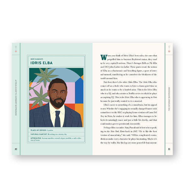 Page spread from A Field Guide to Internet Boyfriends features a portrait and profile of Idris Elba