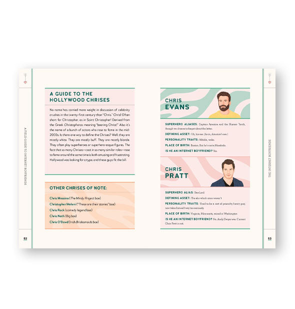 Page spread from A Field Guide to Internet Boyfriends features a section titled, "A Guide to the Hollywood Chrises" with profiles of Chris Evans and Chris Pratt