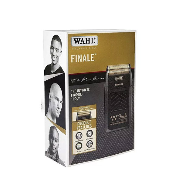 Black, gold, and white Wahl Finale razor box with product image on the front and model portraits along the side