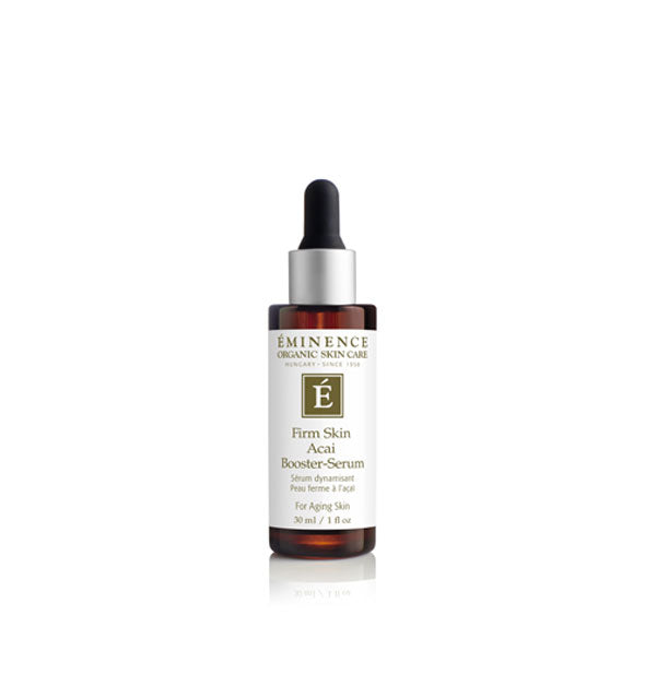 One ounce brown glass bottle of Eminence Organic Skin Care Firm Skin Acai Booster-serum with white label and silver and black dropper cap