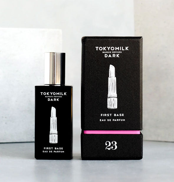Black box and bottle of TokyoMilk First Base Eau de Parfum with white lettering and lipstick graphic on each