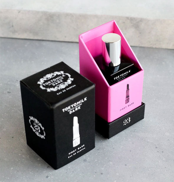 Opened pink and black box of TokyoMilk First Base Eau de Parfum with bottle inside